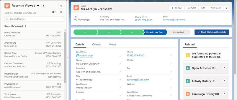 A screen shot of Split Pane view in Salesforce