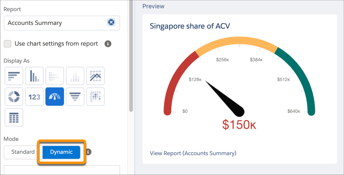 An example of setting up a dynamic dashboard gauge so that the colours on the gauge are determined by percentages rather than static values