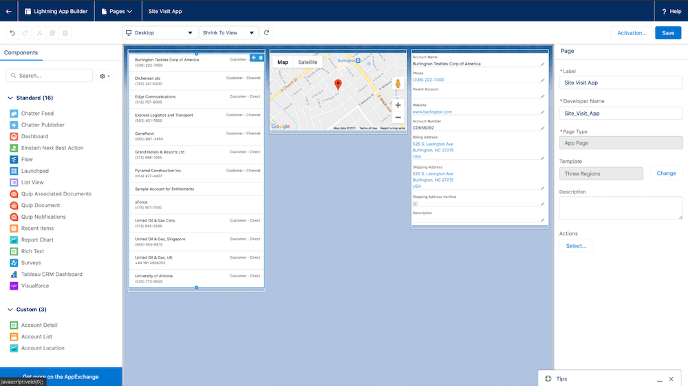 A Customize Page view showing multiple components on a page