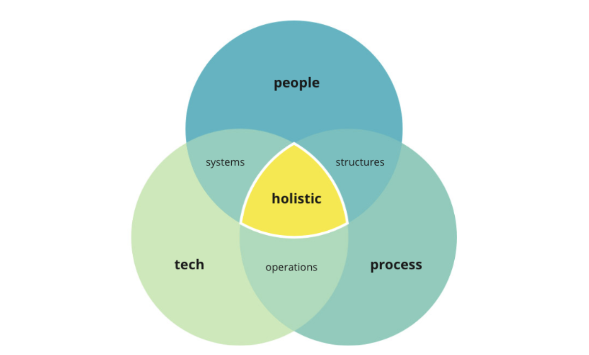 a venn diagram with 3 circles titles People, Process, and Tech. The overlap between People and Process is labelled Structures, between Process and Tech is Operations, and between Tech and People is Systems. The middle overlap of all three circles is labelled Holistic.