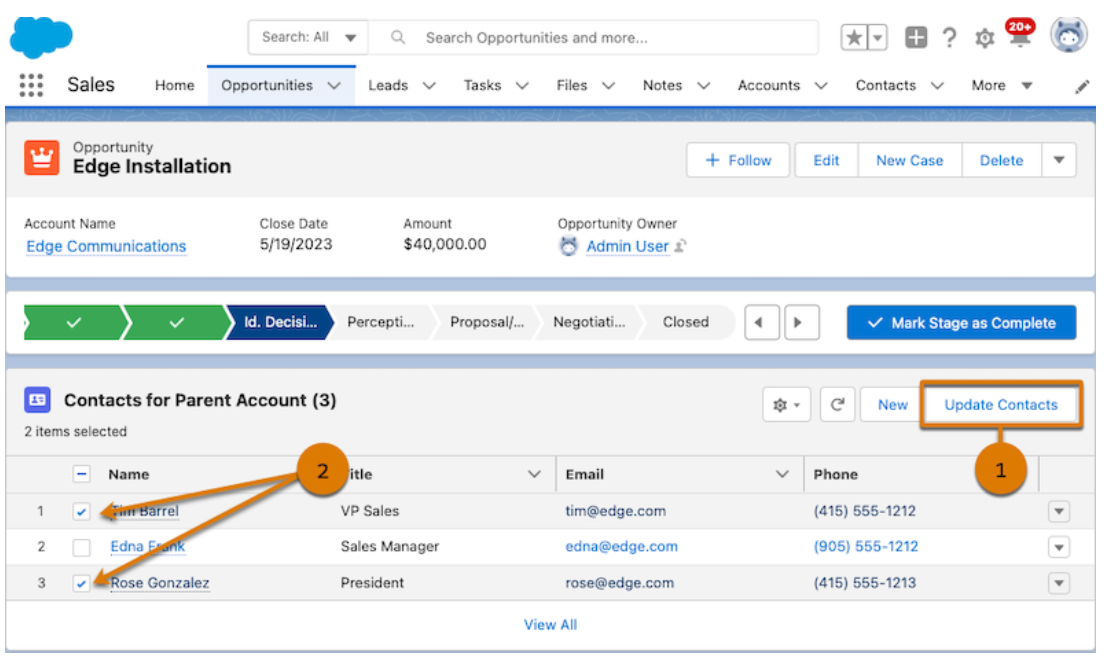 Salesforce opportunities page showcasing the ability to mass select and edit