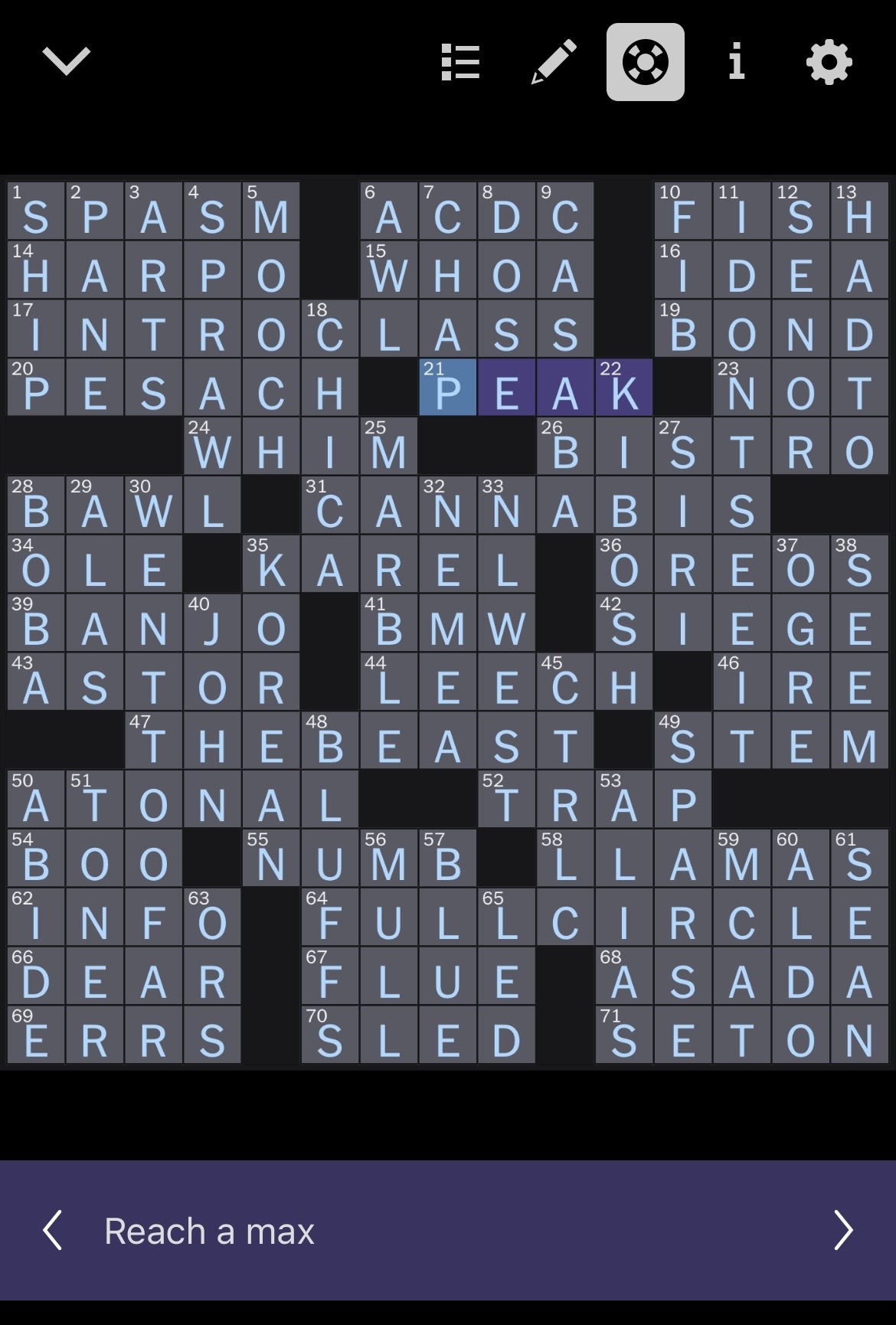 crossword, with the word "PEAK" highlighted