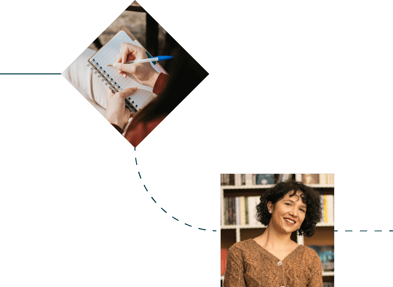 A photo of hands writing in a notebook, connected by a dotted line to another photo of a smiling woman standing in front of a shelf of books