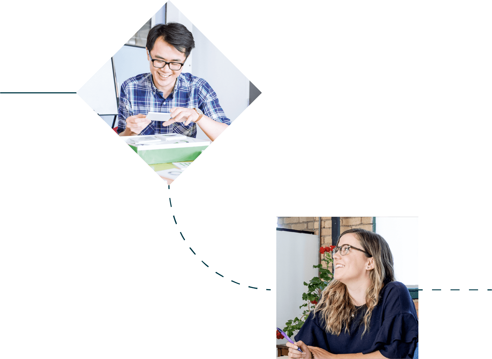 A photo of an Asian male Grantbook employee smiling and looking down, connected by a dotted line to another photo of a white female Grantbook employee smiling and looking up.