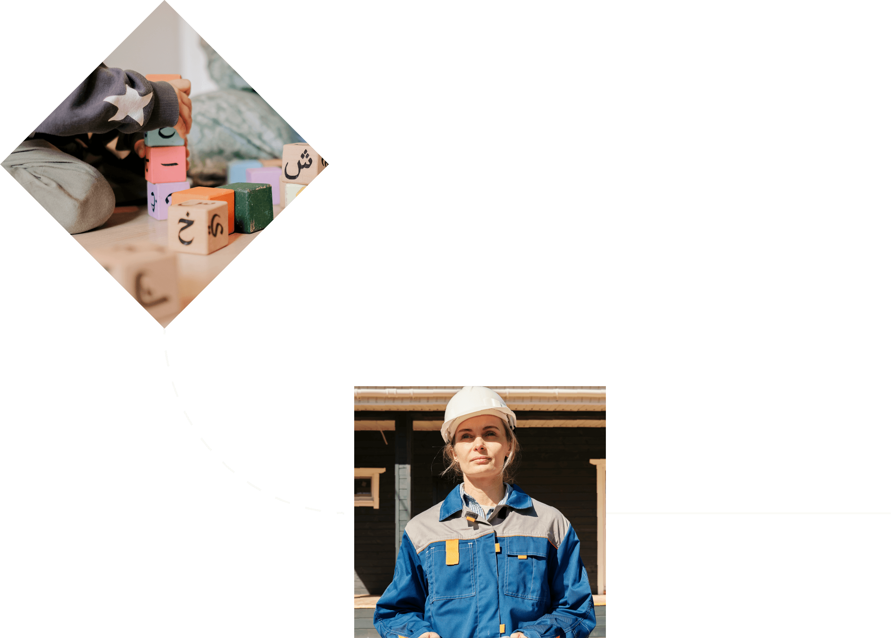 A photo of a child's hands playing with blocks, connected by a dotted line to a woman wearing a hard hat standing in a construction site