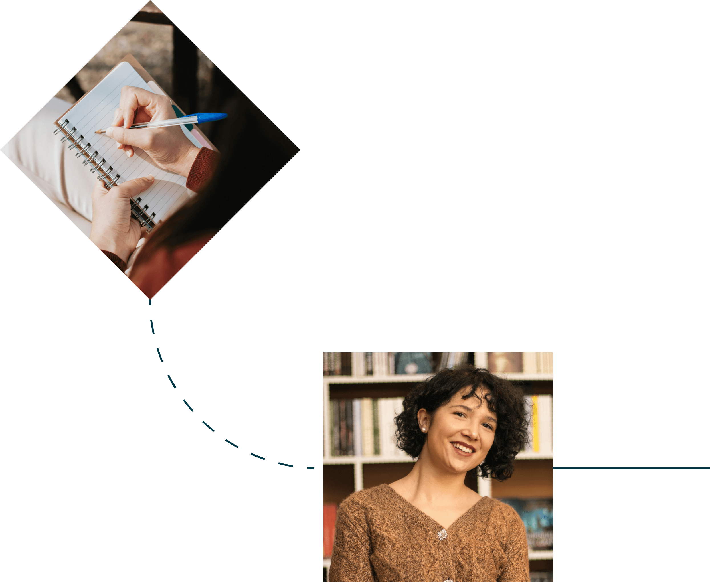 A photo of hands writing in a notebook, connected by a dotted line to another photo of a smiling woman standing in front of a shelf of books